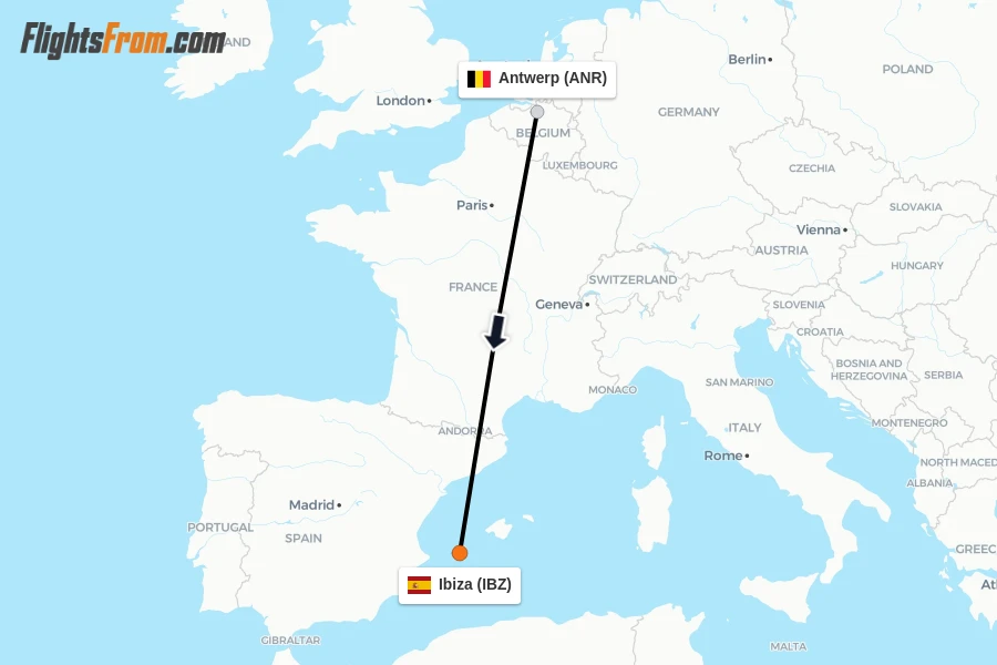 Flights from Antwerp to Ibiza route map