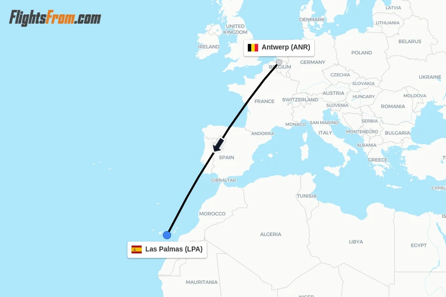 Flights from Antwerp to Las Palmas route map