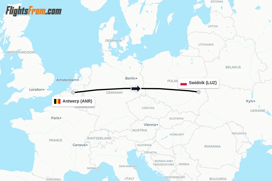 Flights from Antwerp to Swidnik route map