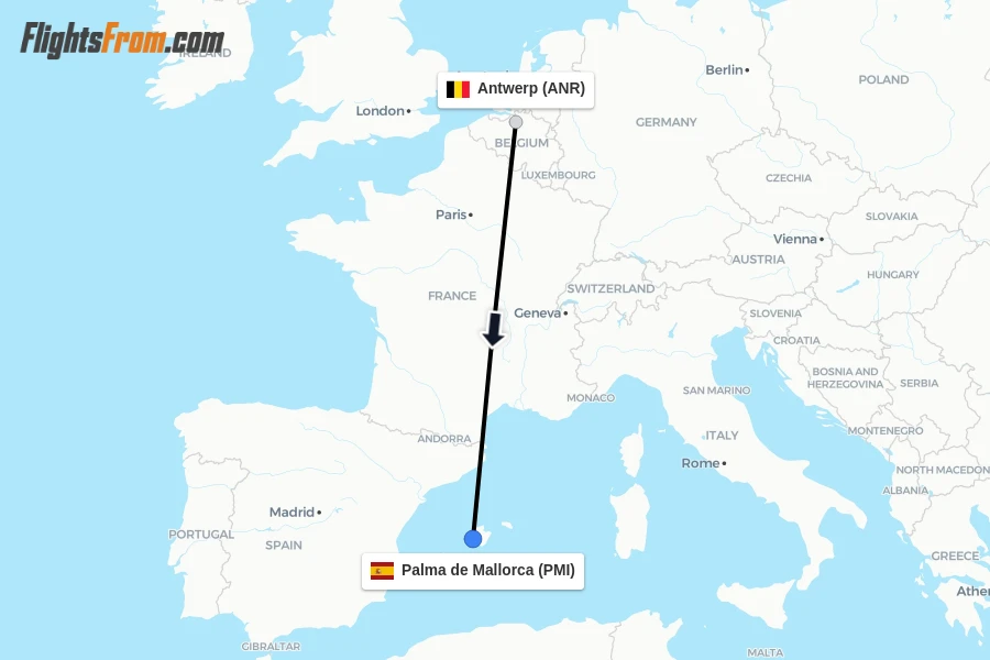 Flights from Antwerp to Palma de Mallorca route map