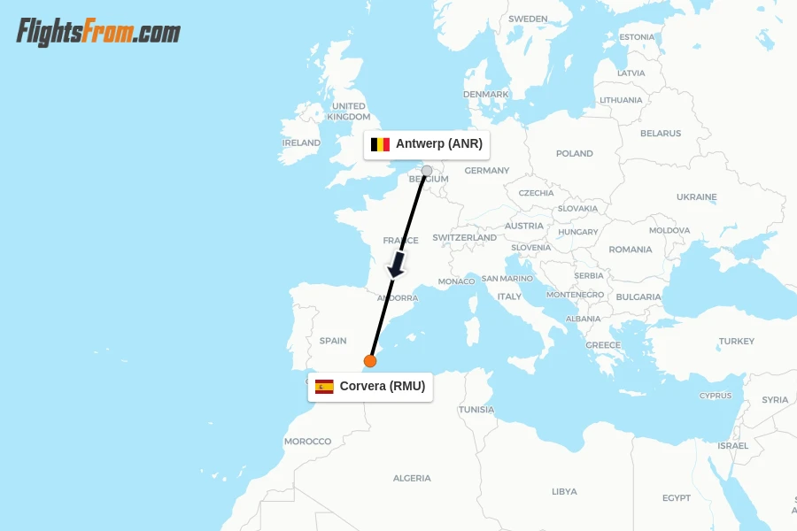 Flights from Antwerp to Corvera route map