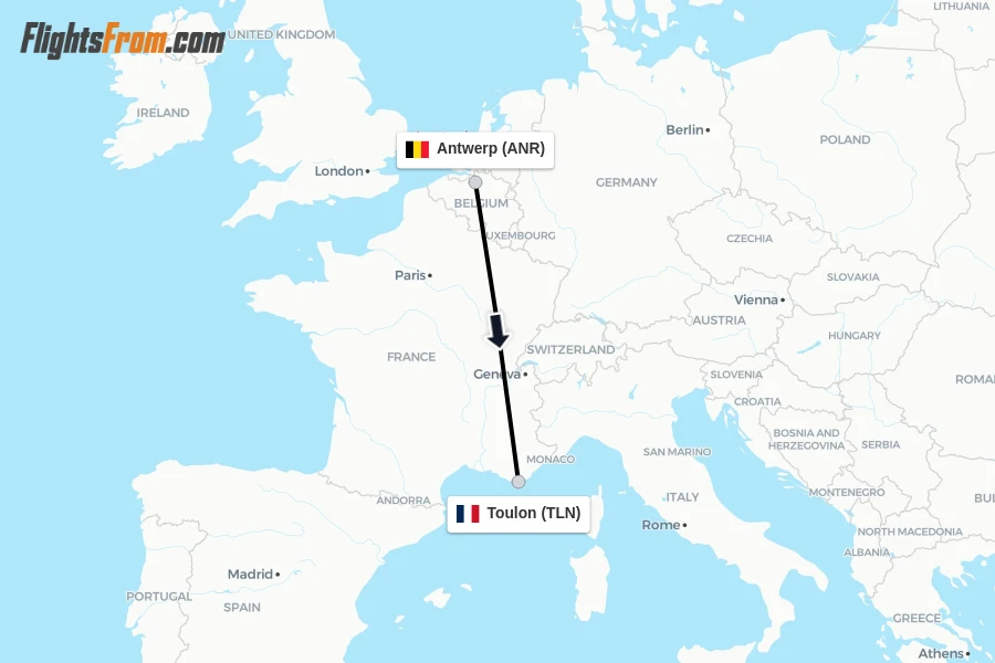 Flights from Antwerp to Toulon route map