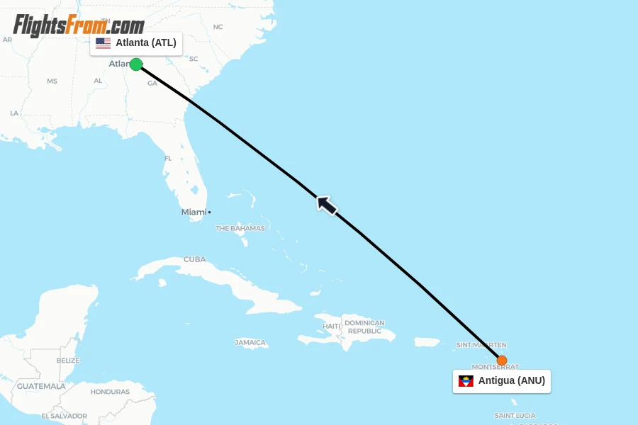 Flights from Antigua to Atlanta route map