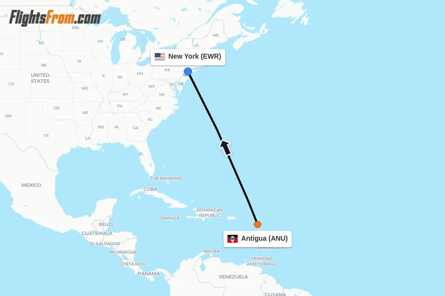 Flights from Antigua to New York route map