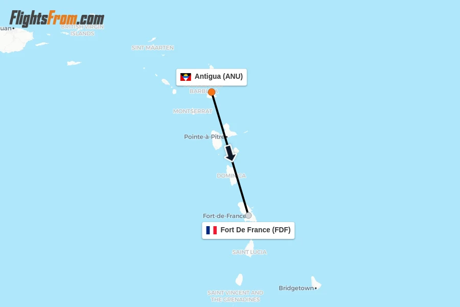 Flights from Antigua to Fort De France route map