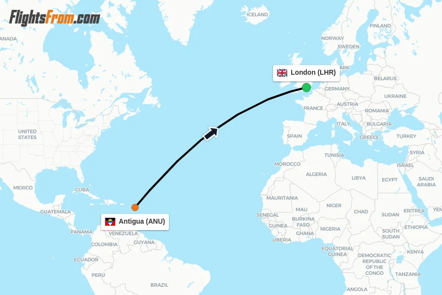 Flights from Antigua to London route map