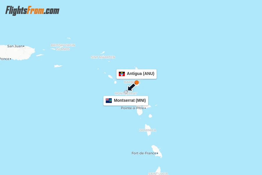 Flights from Antigua to Montserrat route map