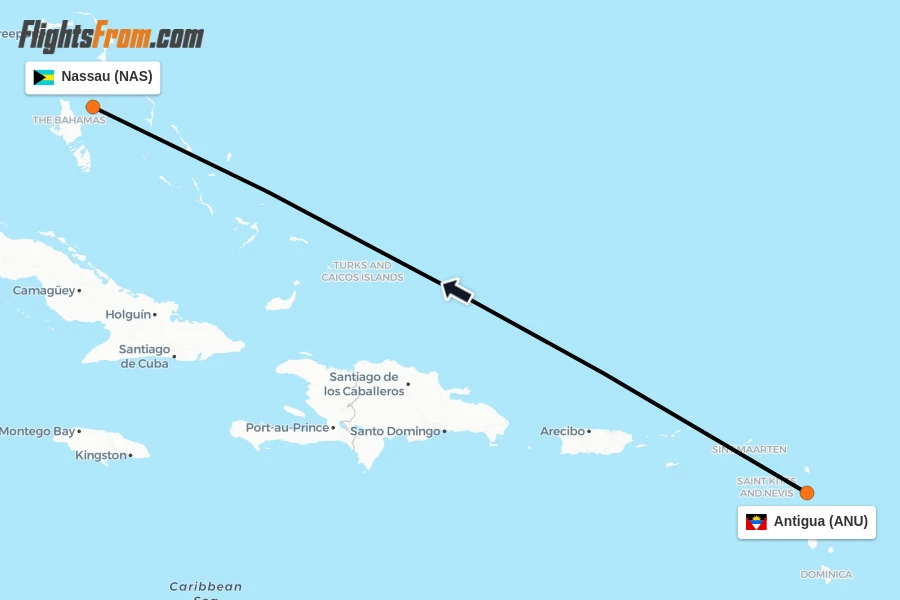 Flights from Antigua to Nassau route map