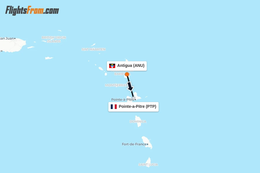 Flights from Antigua to Pointe-a-Pitre route map