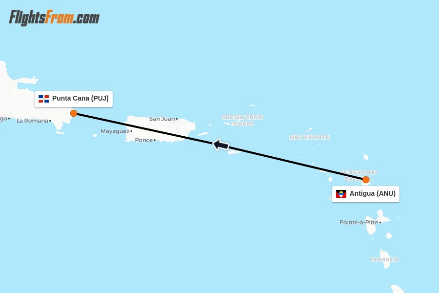 Flights from Antigua to Punta Cana route map