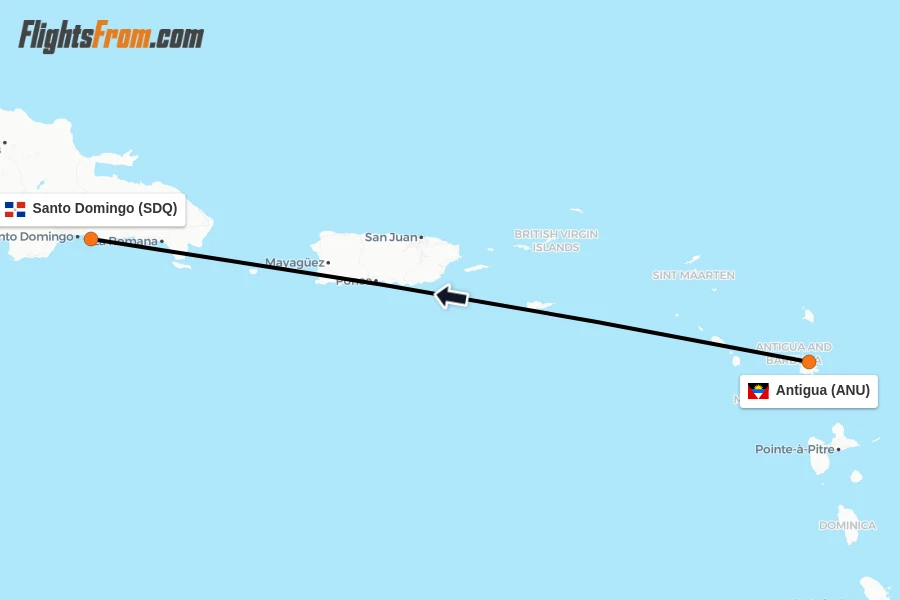 Flights from Antigua to Santo Domingo route map