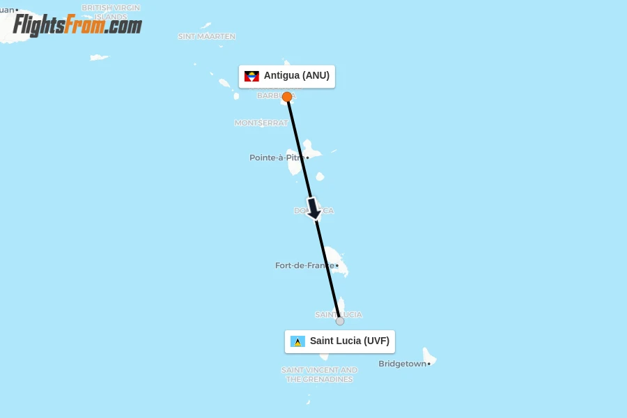 Flights from Antigua to Saint Lucia route map