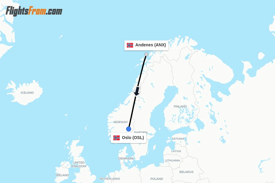 Flights from Andenes to Oslo route map