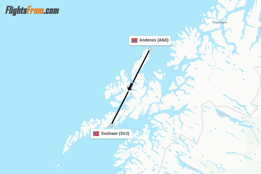 Flights from Andenes to Svolvaer route map