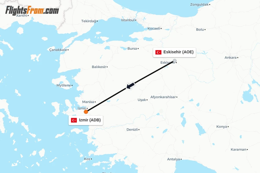 Flights from Eskisehir to Izmir route map