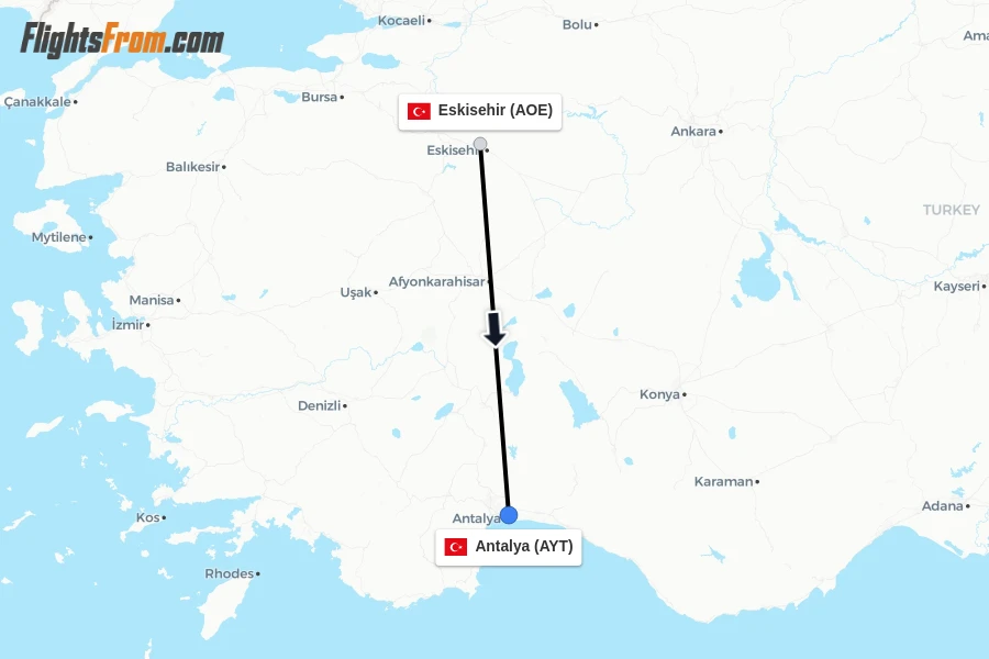 Flights from Eskisehir to Antalya route map