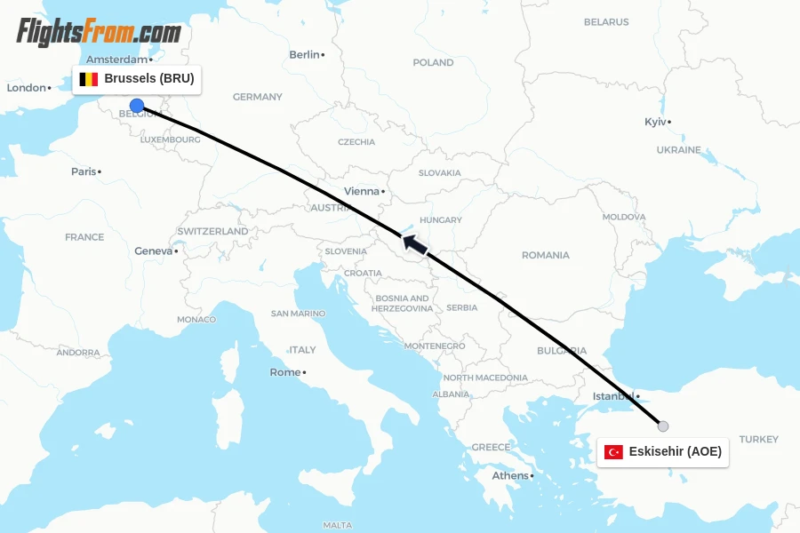 Flights from Eskisehir to Brussels route map
