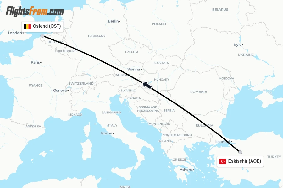 Flights from Eskisehir to Ostend route map