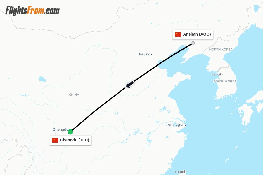 Flights from Anshan to Chengdu route map
