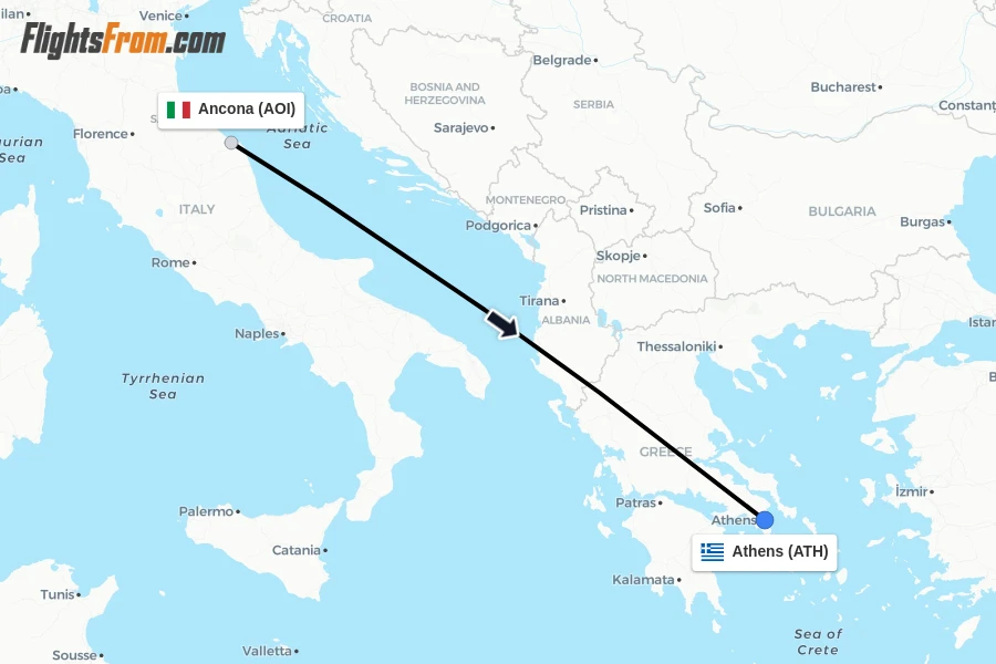 Flights from Ancona to Athens route map