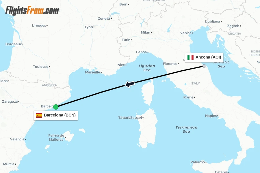 Flights from Ancona to Barcelona route map