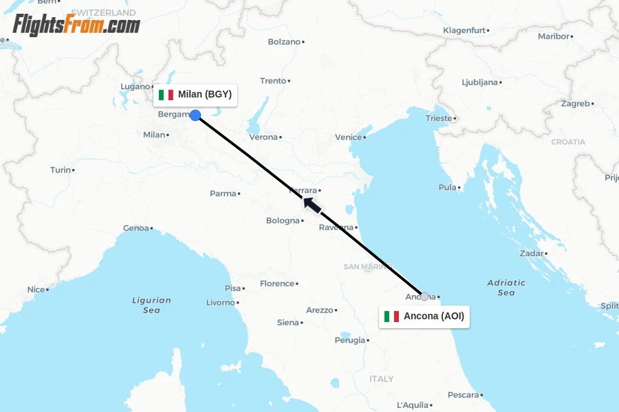Flights from Ancona to Milan route map