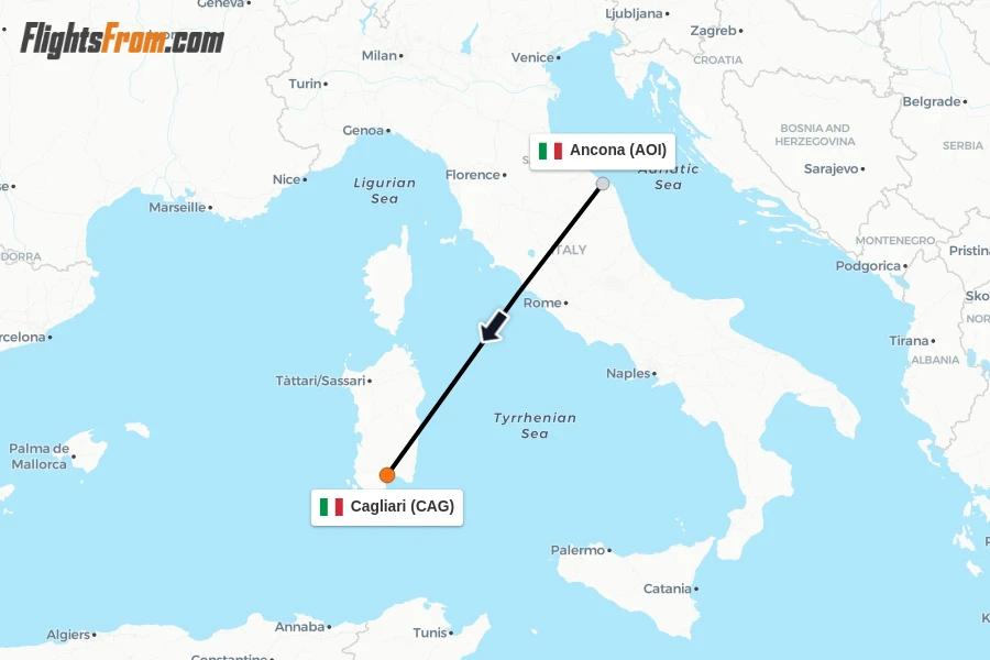 Flights from Ancona to Cagliari route map