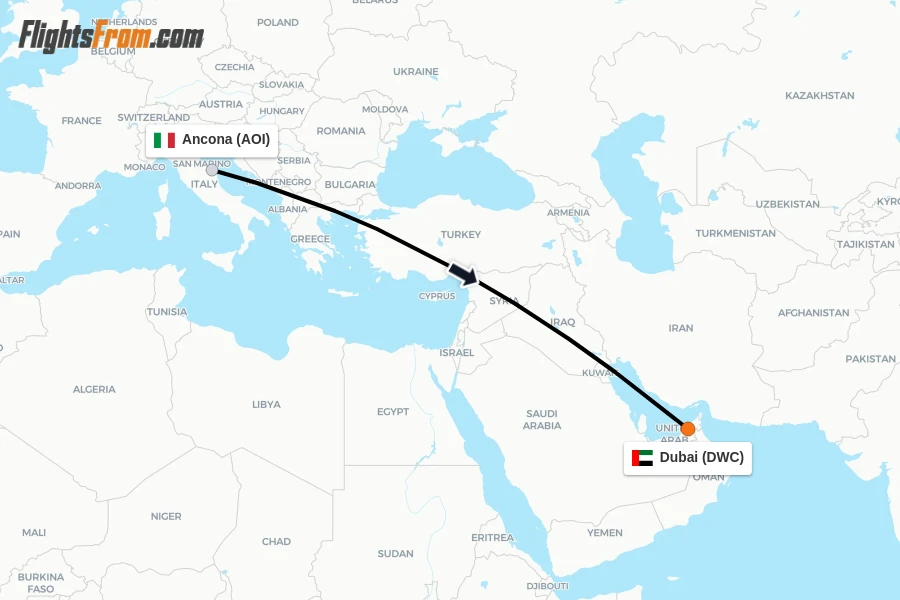 Flights from Ancona to Dubai route map
