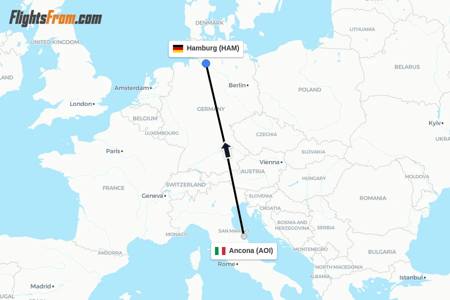 Flights from Ancona to Hamburg route map