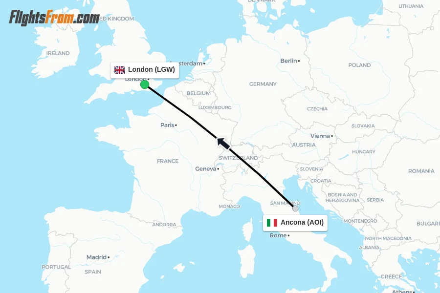 Flights from Ancona to London route map