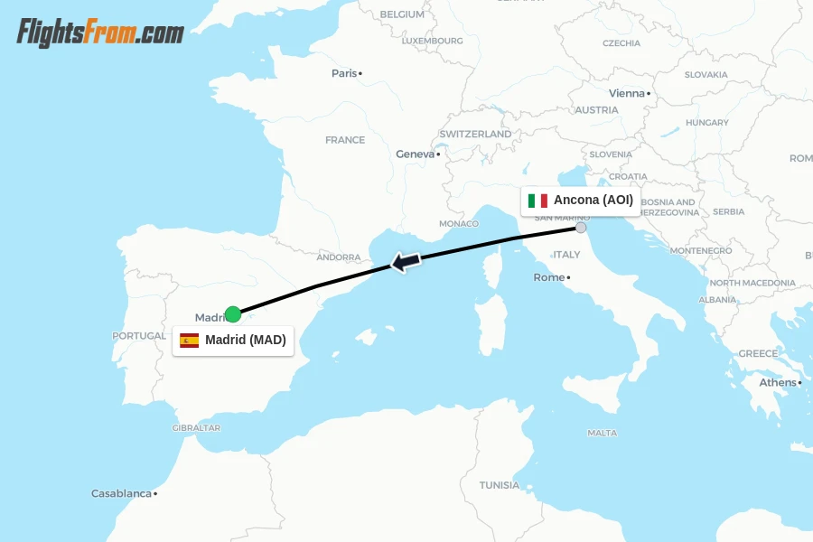 Flights from Ancona to Madrid route map
