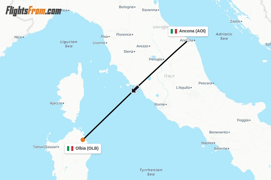 Flights from Ancona to Olbia route map
