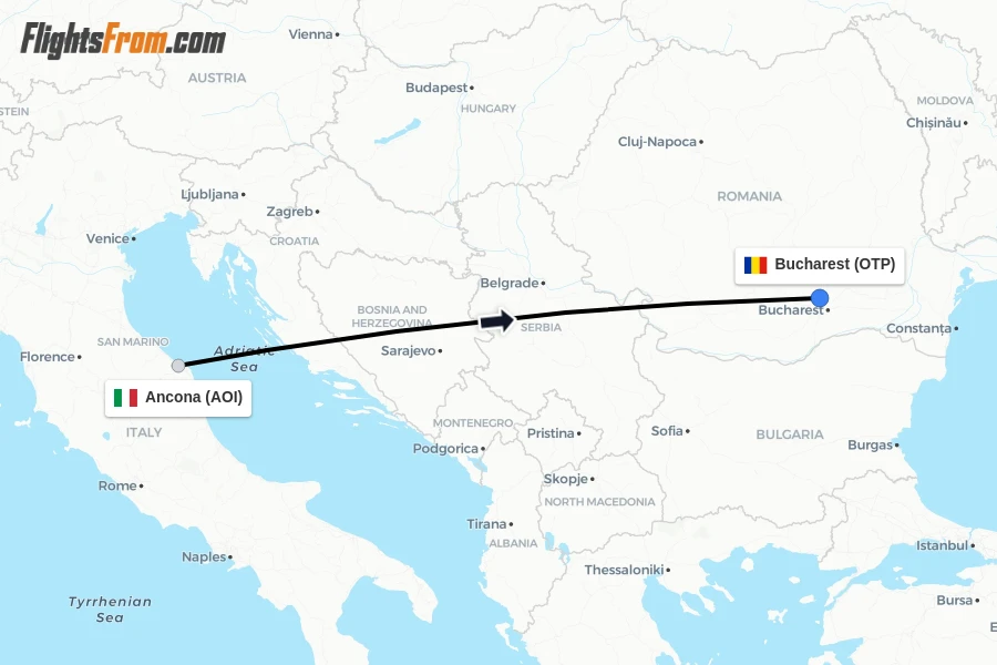 Flights from Ancona to Bucharest route map