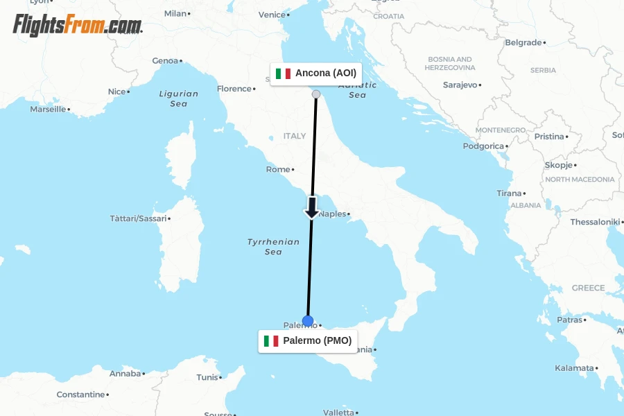 Flights from Ancona to Palermo route map