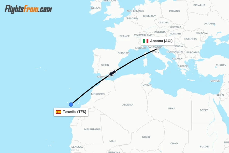 Flights from Ancona to Tenerife route map