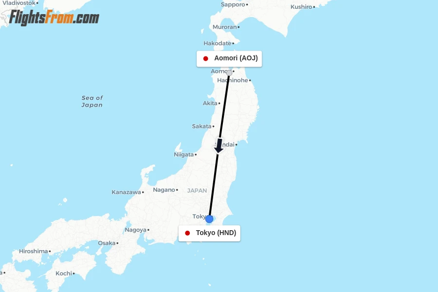 Flights from Aomori to Tokyo route map
