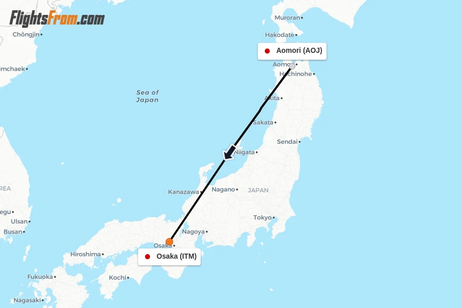 Flights from Aomori to Osaka route map