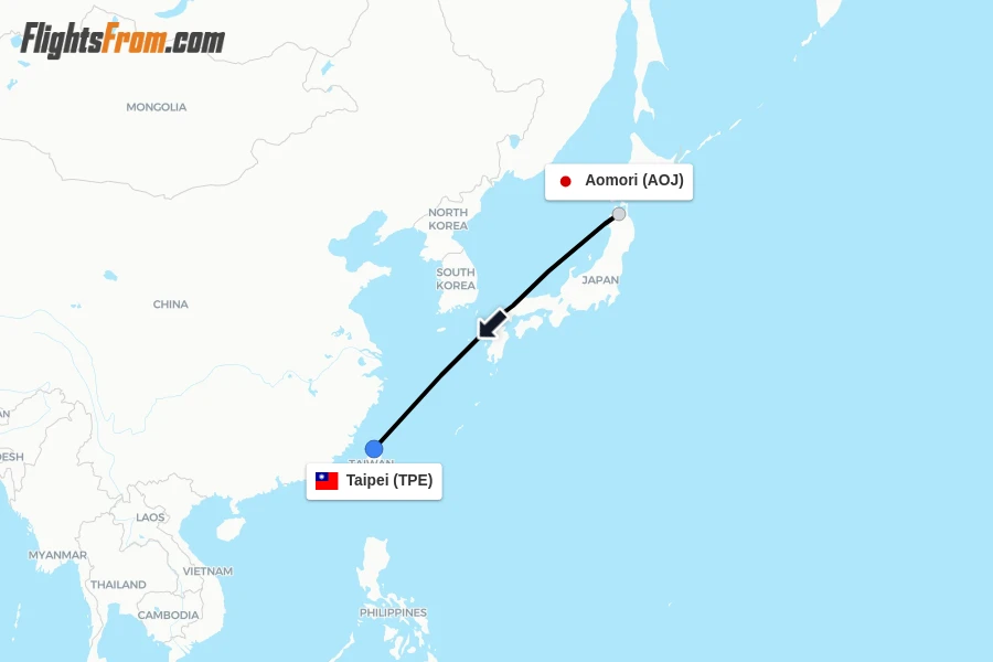 Flights from Aomori to Taipei route map