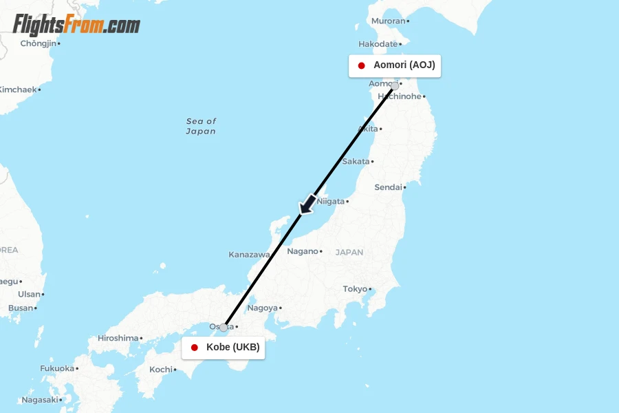 Flights from Aomori to Kobe route map