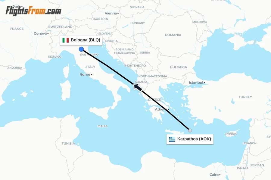 Flights from Karpathos to Bologna route map