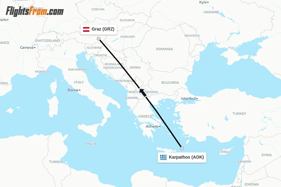 Flights from Karpathos to Graz route map