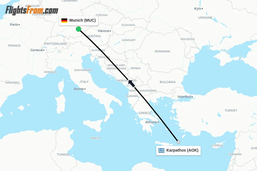 Flights from Karpathos to Munich route map