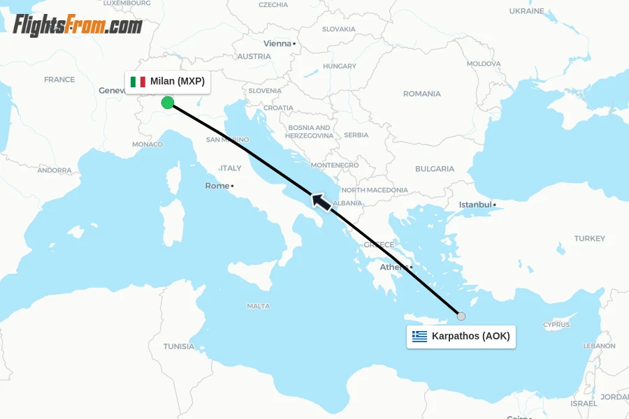 Flights from Karpathos to Milan route map