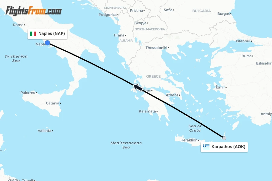 Flights from Karpathos to Naples route map