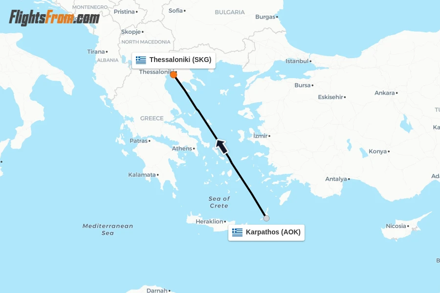 Flights from Karpathos to Thessaloniki route map