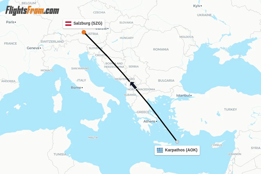 Flights from Karpathos to Salzburg route map