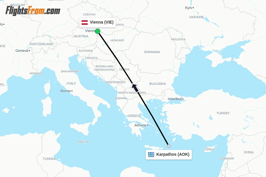 Flights from Karpathos to Vienna route map