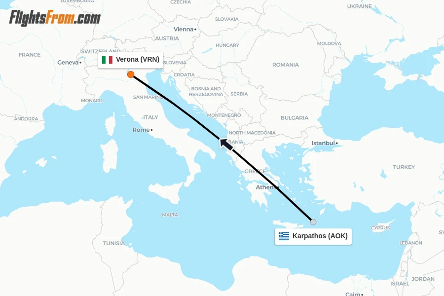 Flights from Karpathos to Verona route map