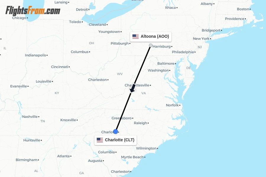 Flights from Altoona to Charlotte route map