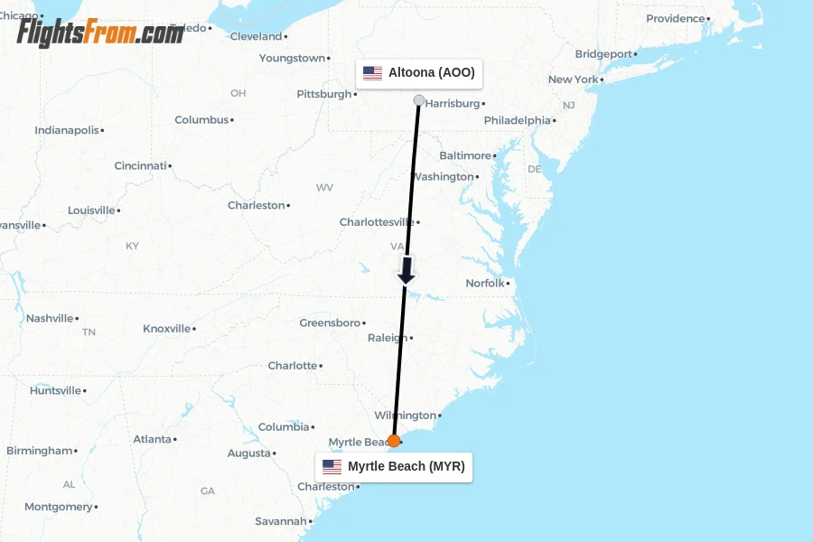 Flights from Altoona to Myrtle Beach route map
